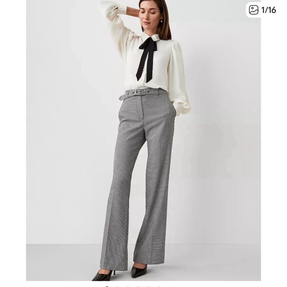 NWT Ann Taylor Houndstooth Black and Gray Flare Pants with belt
